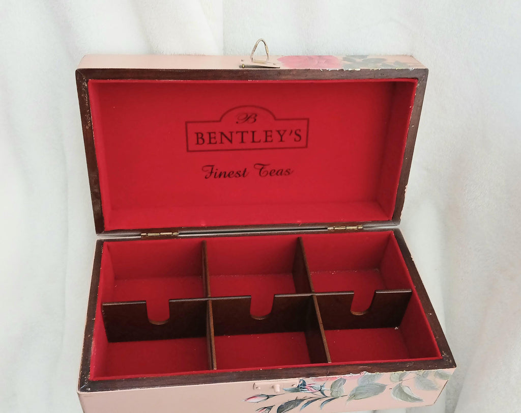 Refurbished Velvet Lined Tea Caddy, Pink Floral Wood Box