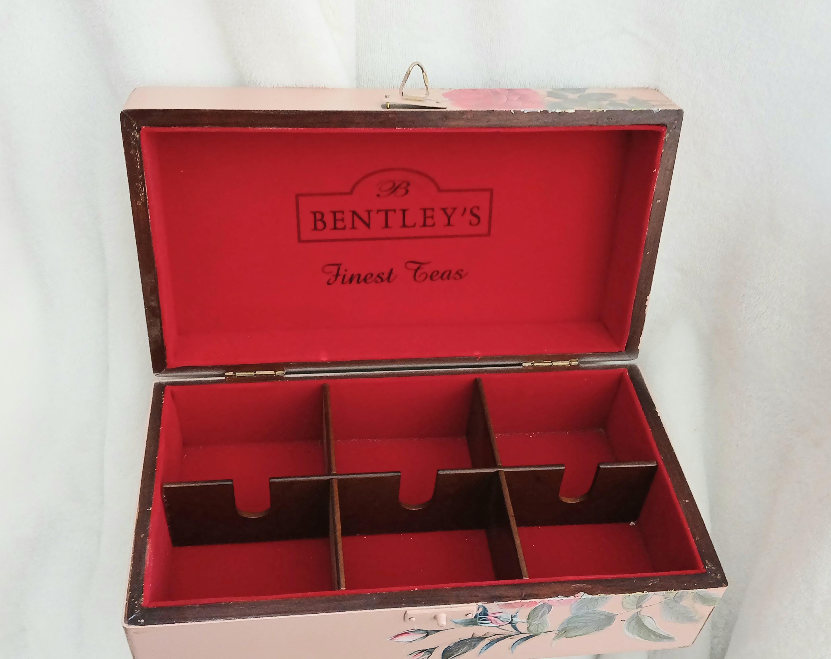 Refurbished Velvet Lined Tea Caddy, Pink Floral Wood Box