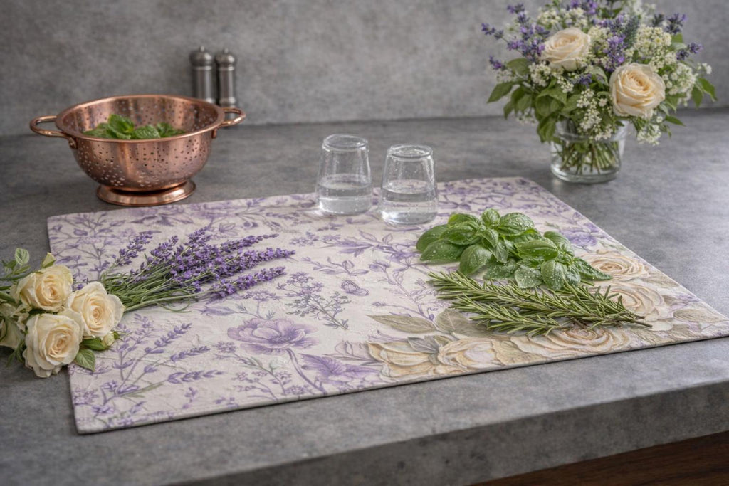 Pretty Lavender Toile Kitchen Dish Mat | Microfiber Botanical Herbs Drying Mat | Modern Farmhouse