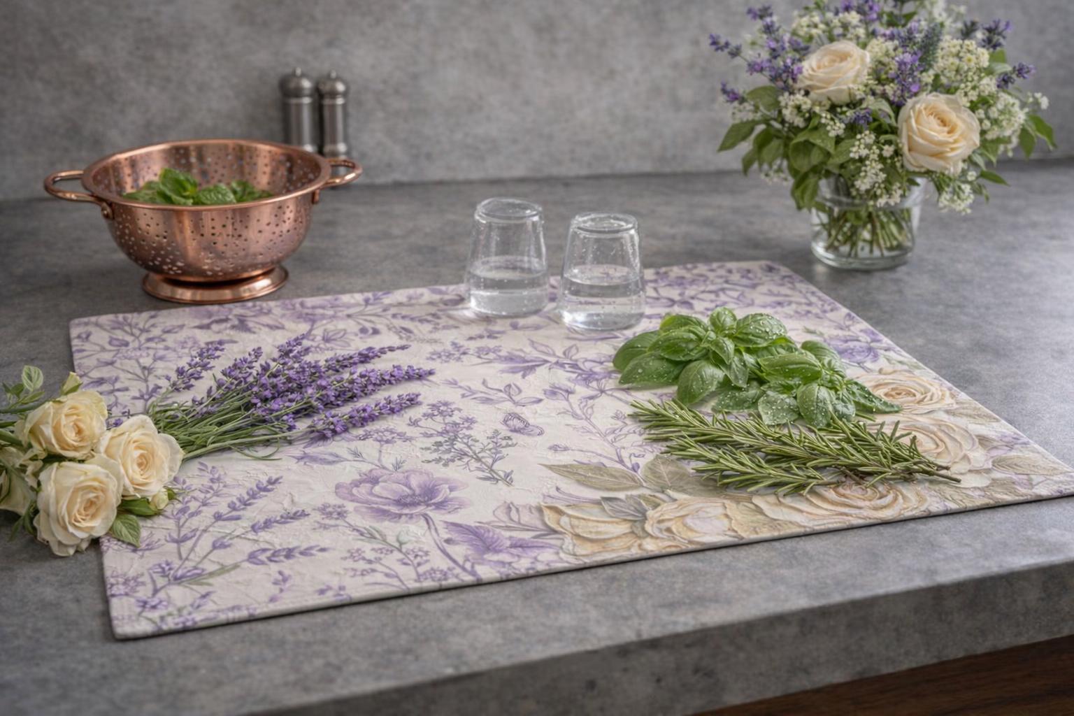 Pretty Lavender Toile Kitchen Dish Mat | Microfiber Botanical Herbs Drying Mat | Modern Farmhouse