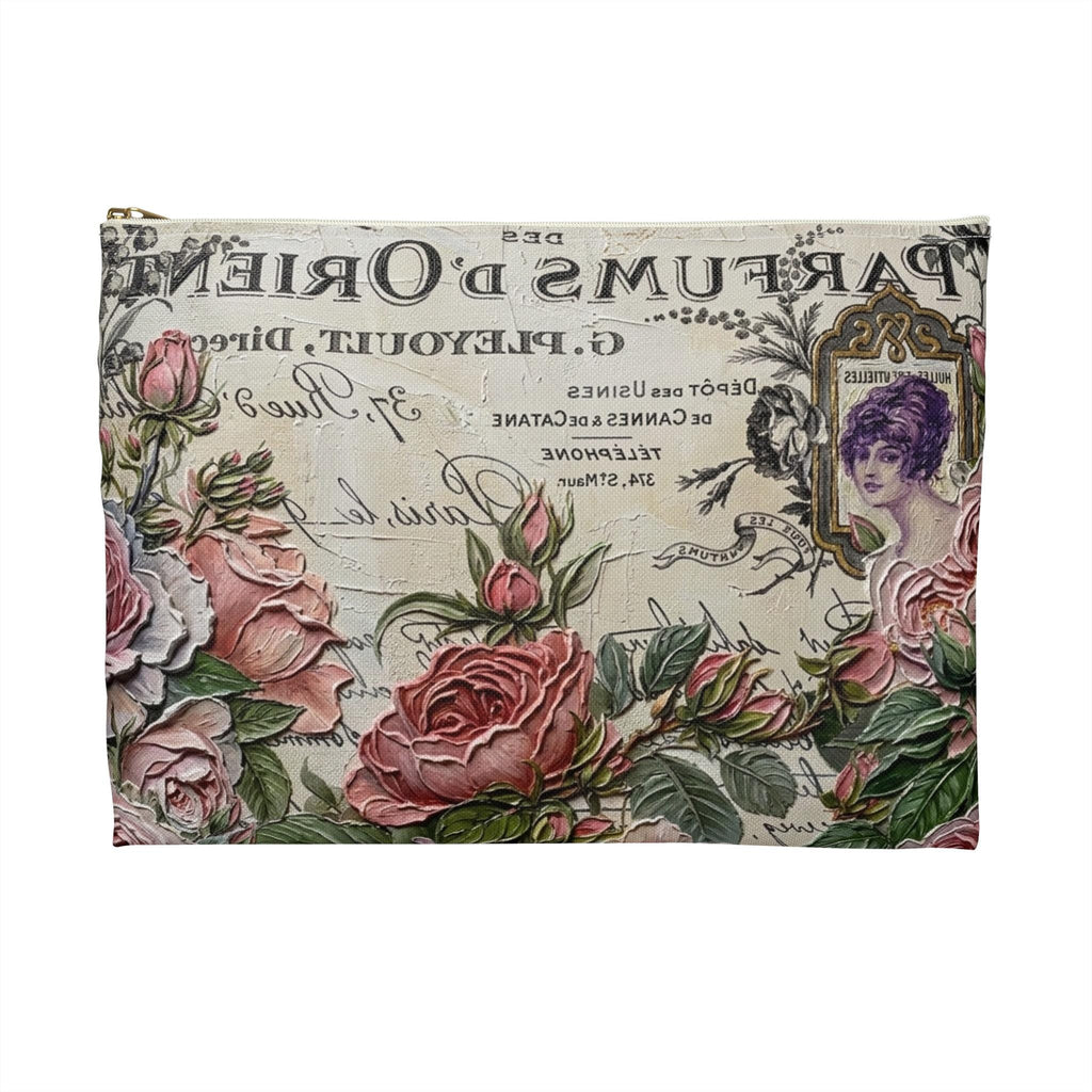 Vintage Roses Perfume Label Accessory Pouch | Floral Cosmetic Bag