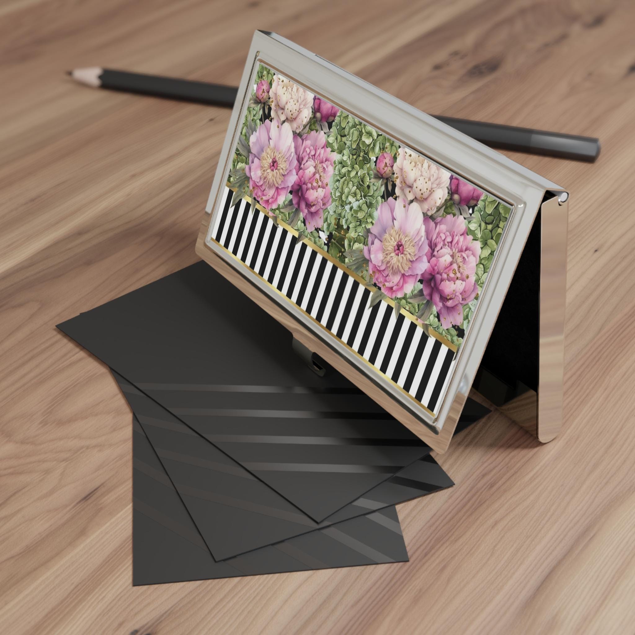 Pink Peonies & Greenery Business Card Holder | Striped Accent