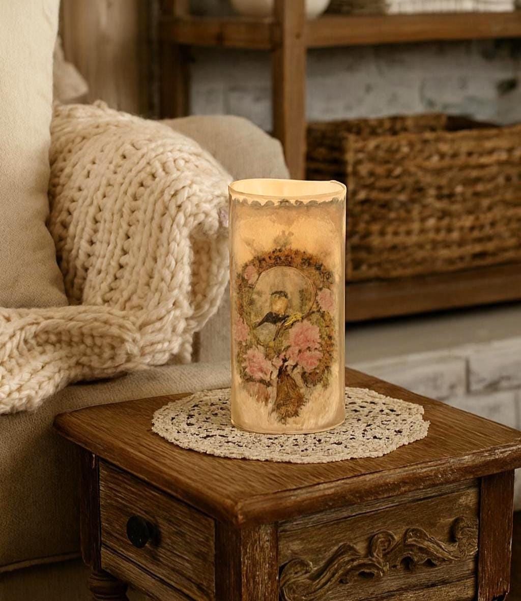 Victorian Bird LED Wax Pillar, Decorated Flameless Candle Centerpiece, Candle Decor