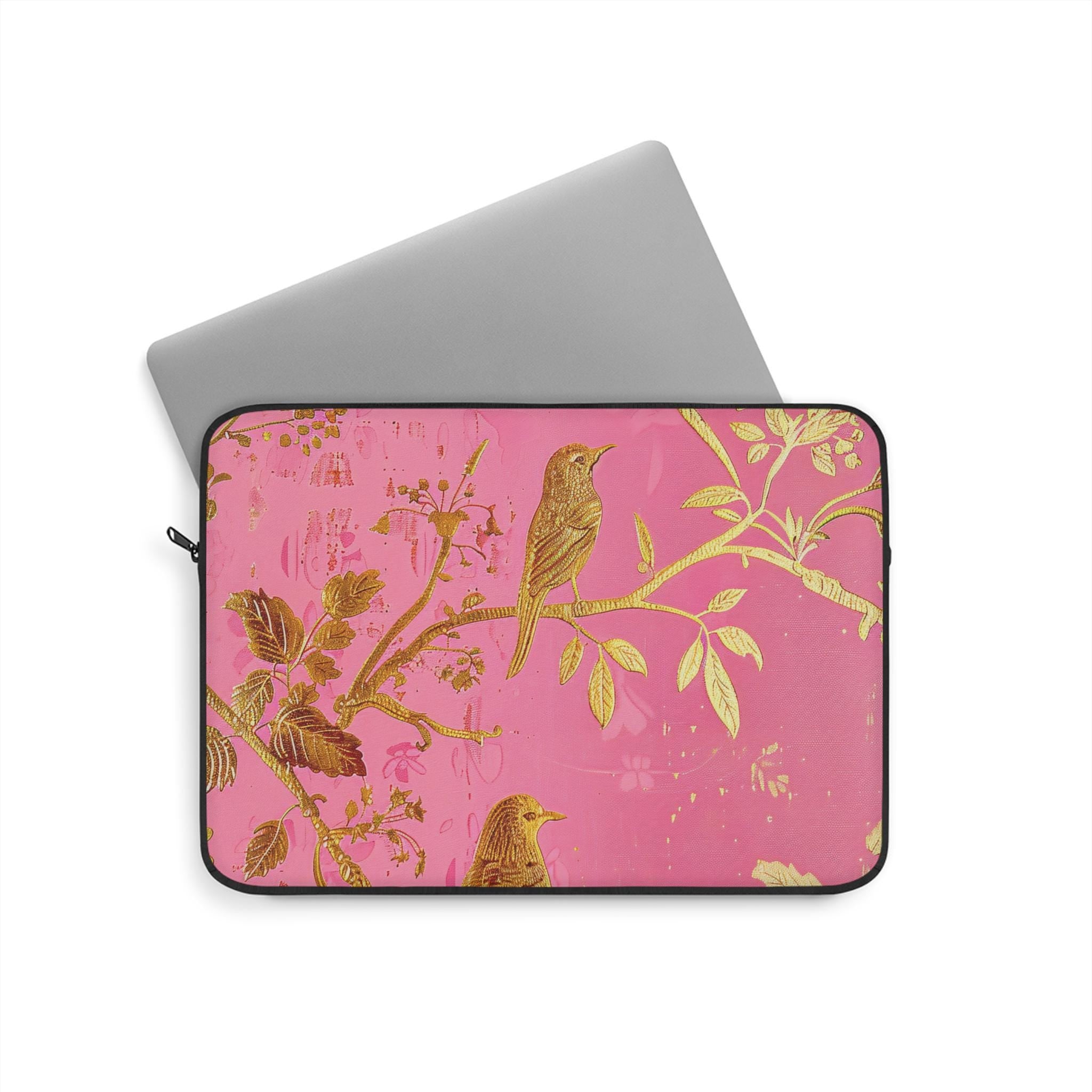 Floral Laptop Sleeve | Gold & Pink Botanical Zip Sleeve Fleece Interior | 3D Image