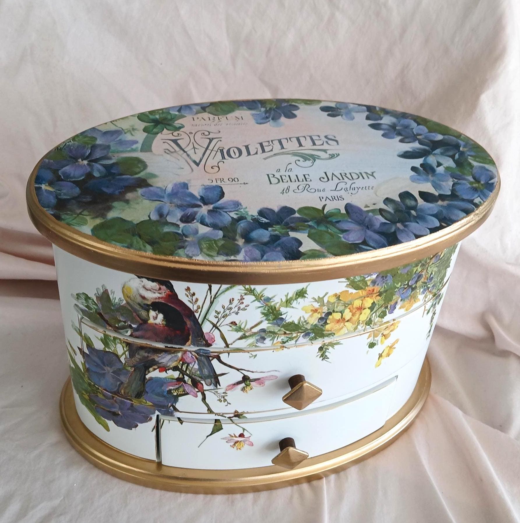 Oval Jewelry Box with Mirror | Decorated Wooden Floral Storage, Vintage French Label Vanity Chest