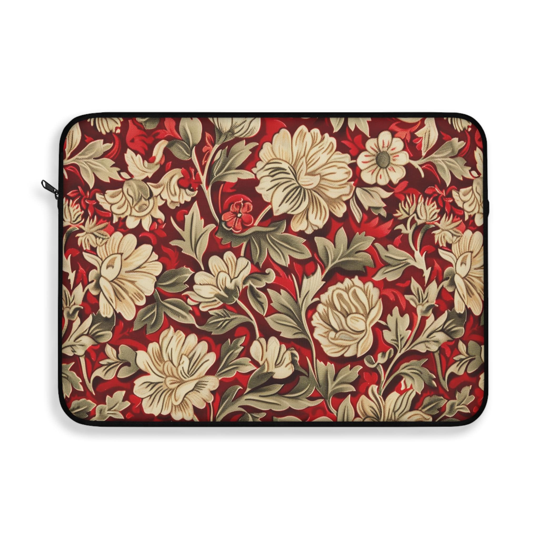 Vintage William Morris Floral Laptop Sleeve | Red Cream Botanical Zip Sleeve Fleece Interior