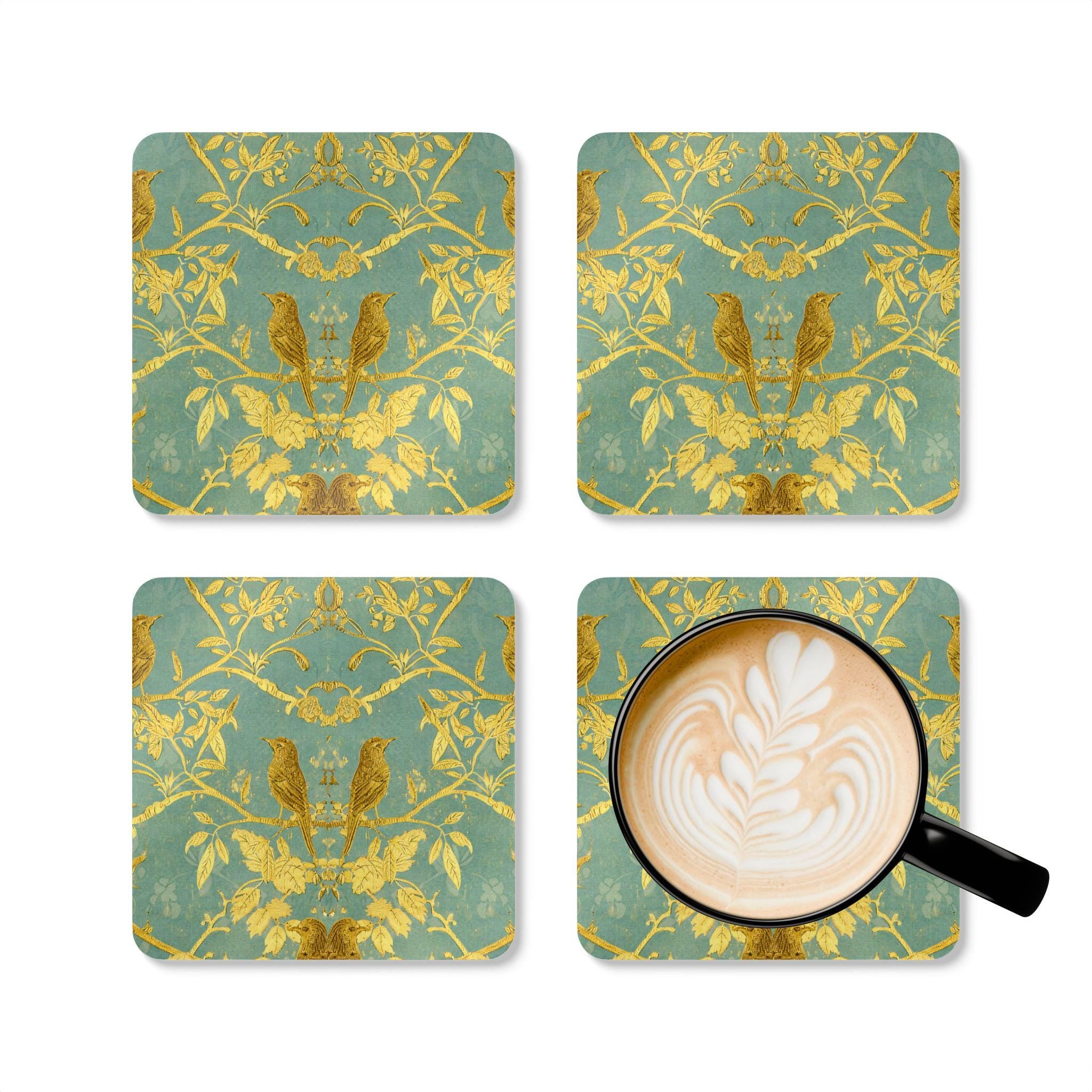 Gold Bird Branches Cork Coaster Set | Celadon Floral Vintage Style