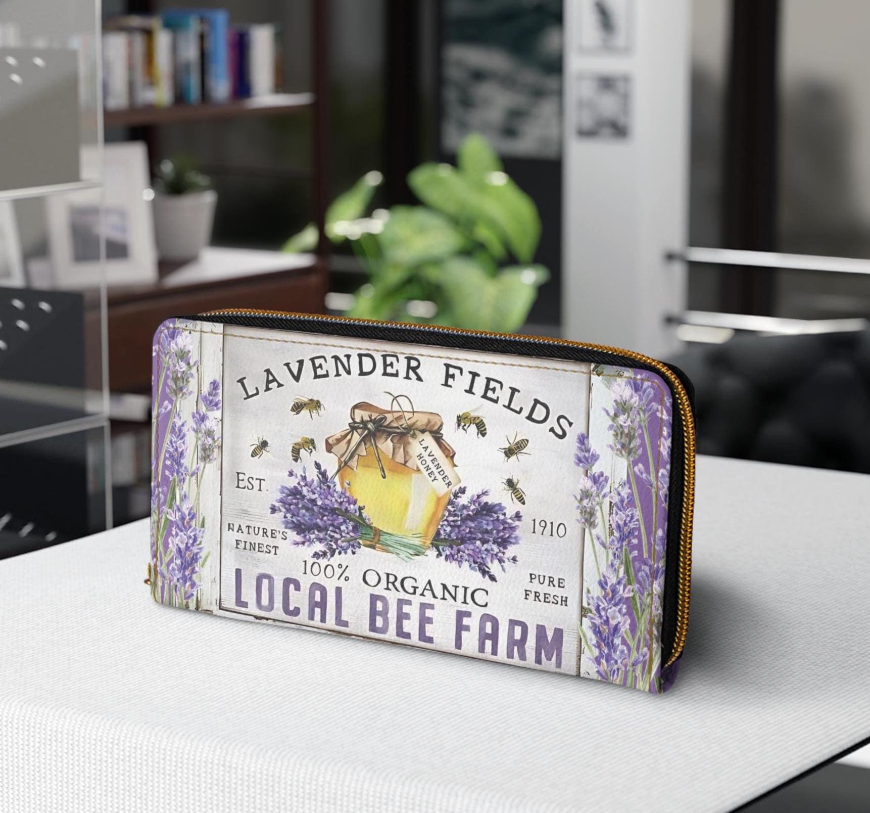 Botanical Lavender & Honey Bee Wallet, Zipper Women's clutch, Coin Purse