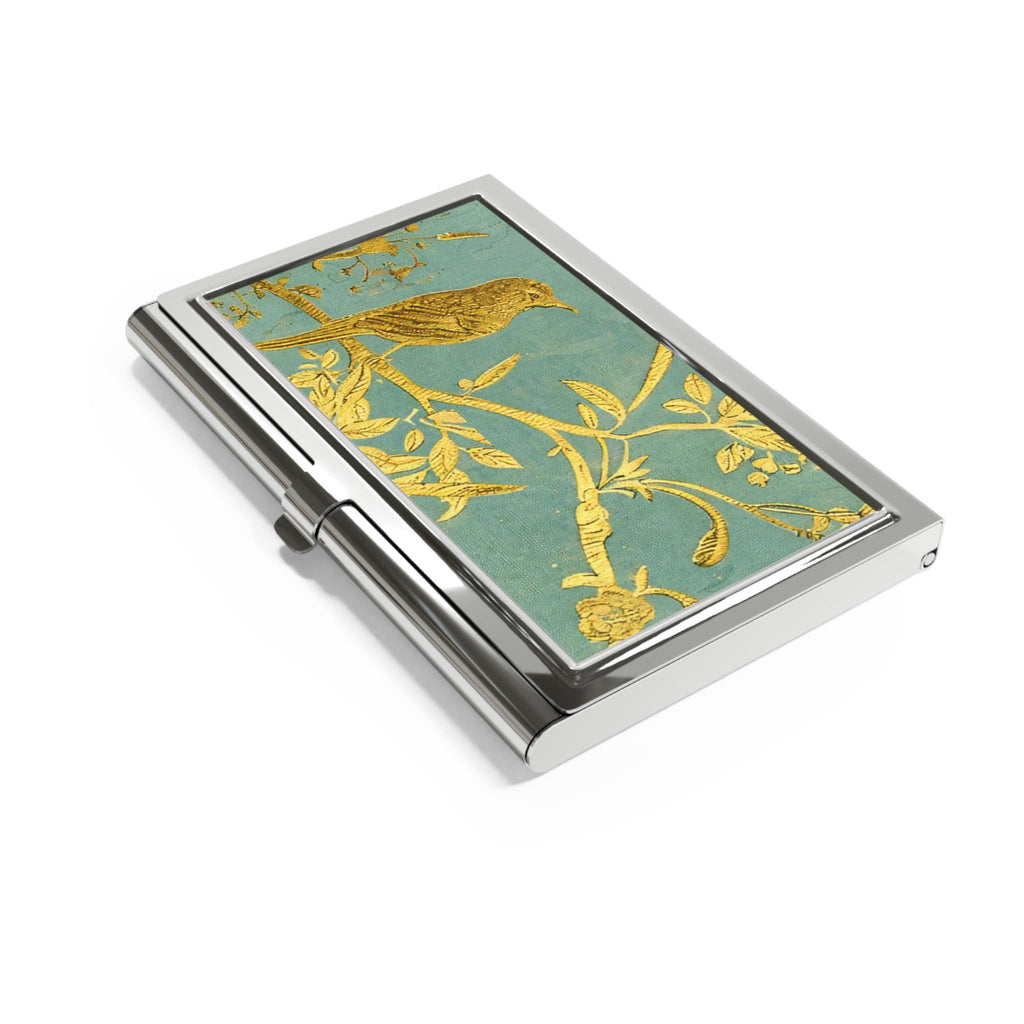 Gold Bird Branch Business Card Holder | Teal Floral Metal Case