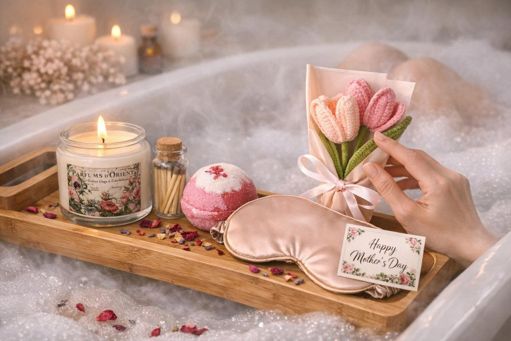 Mother’s Day Serenity Gift Set: Sage Candle, Bath Bomb, Sleep Mask, Crochet Bouquet