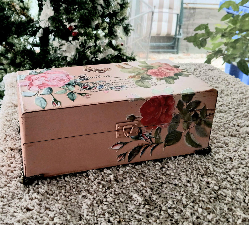 Refurbished Velvet Lined Tea Caddy, Pink Floral Wood Box