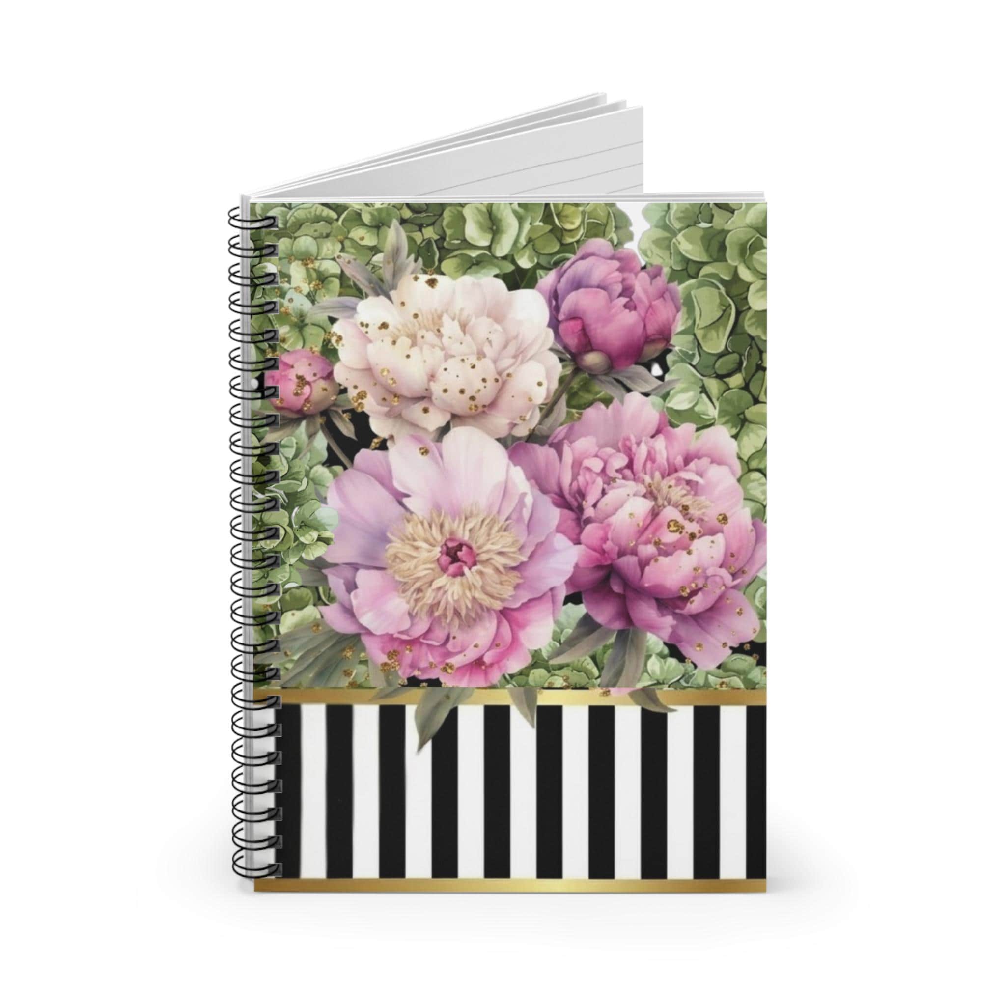 Pink Peonies Floral Spiral Notebook | Striped Gold Accent