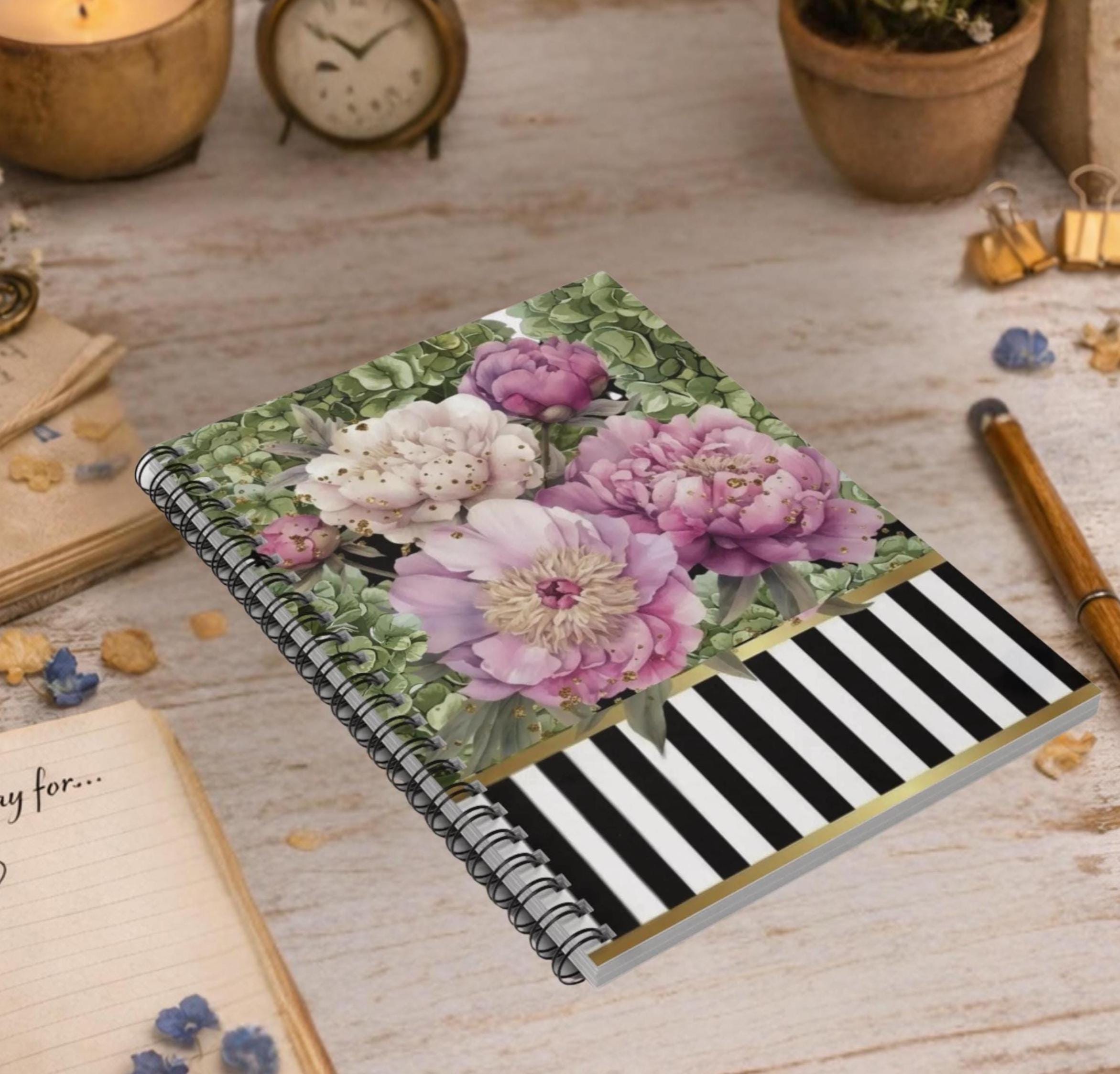 Pink Peonies Floral Spiral Notebook | Striped Gold Accent