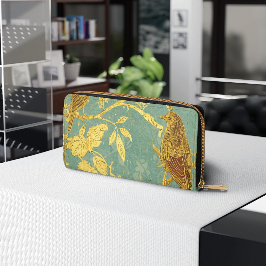Gold Bird Branch print Zipper Wallet | Teal Botanical Pattern