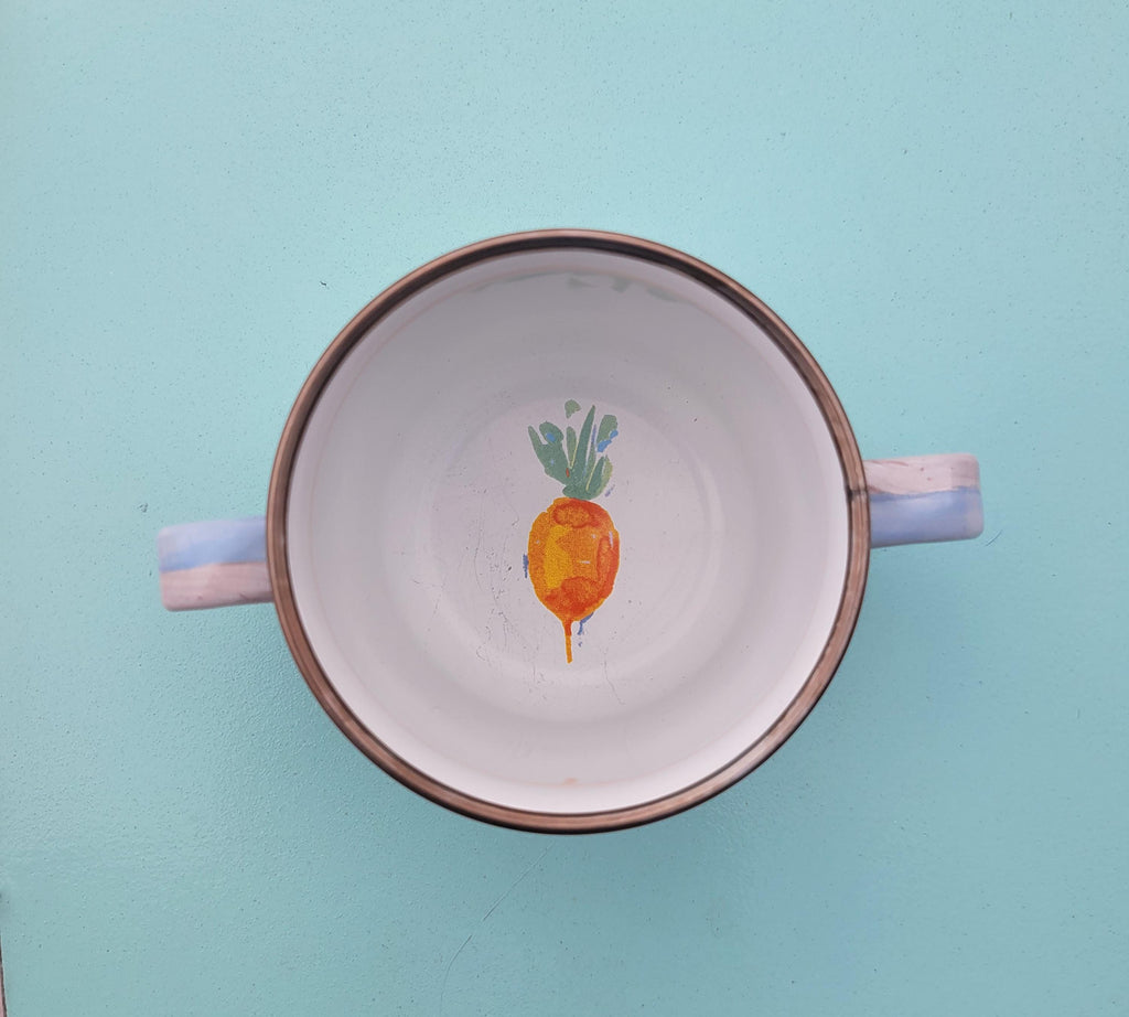 McKenzie Childs Pastel Striped Enamel Double Handle 8 Oz Cup