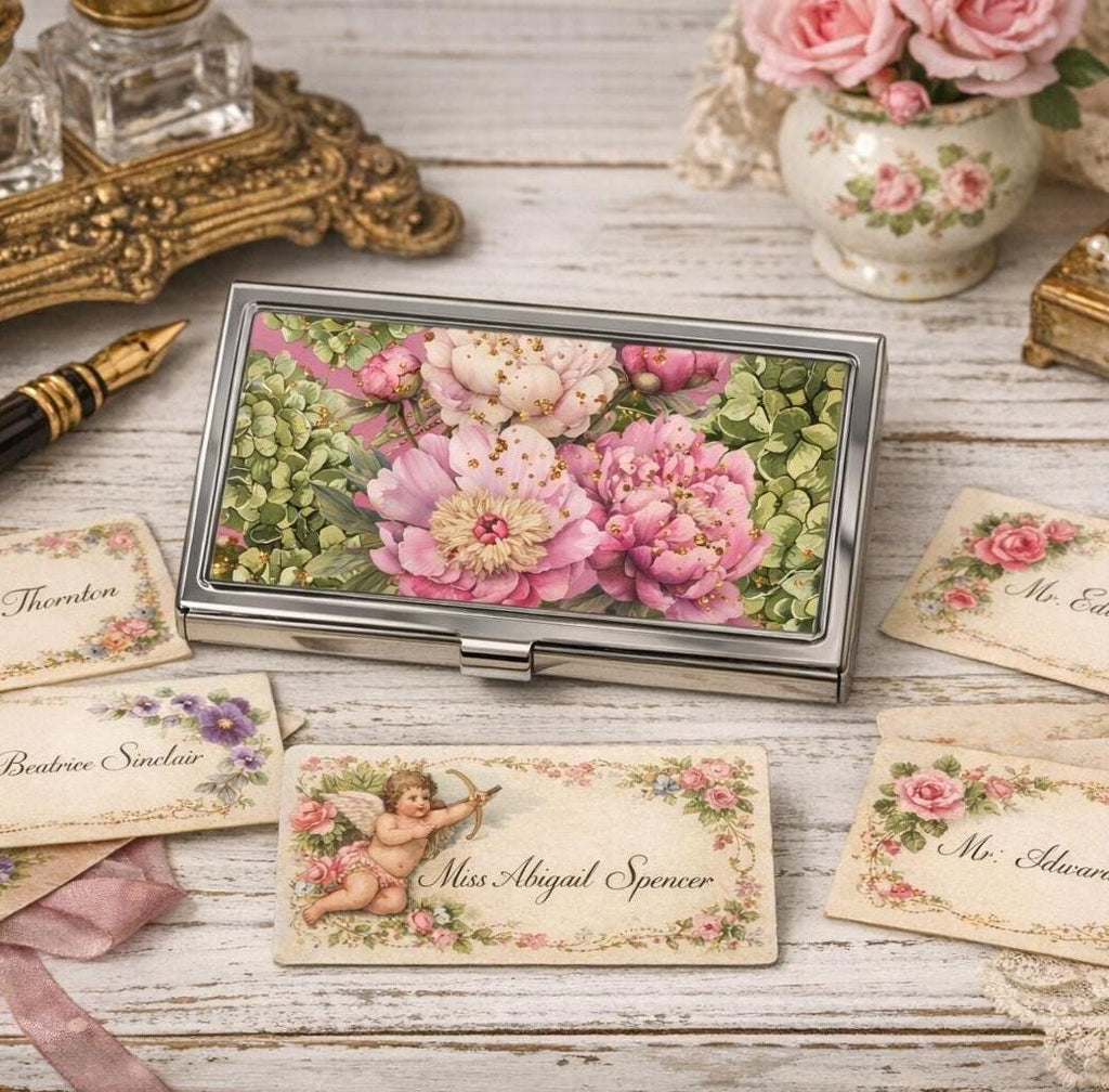 Hydrangea Peony Floral Business Card Holder | Victorian Calling Card Case