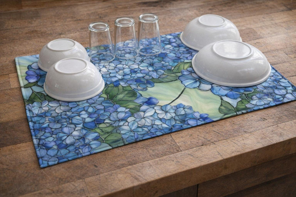 Hydrangea Floral Kitchen Dish Mat | Microfiber Drying Mat, Modern Farmhouse | Housewarming Gift