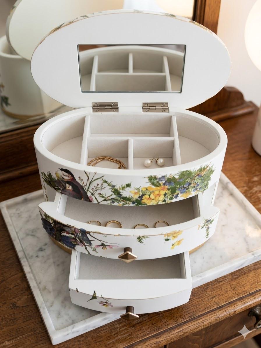 Oval Jewelry Box with Mirror | Decorated Wooden Floral Storage, Vintage French Label Vanity Chest