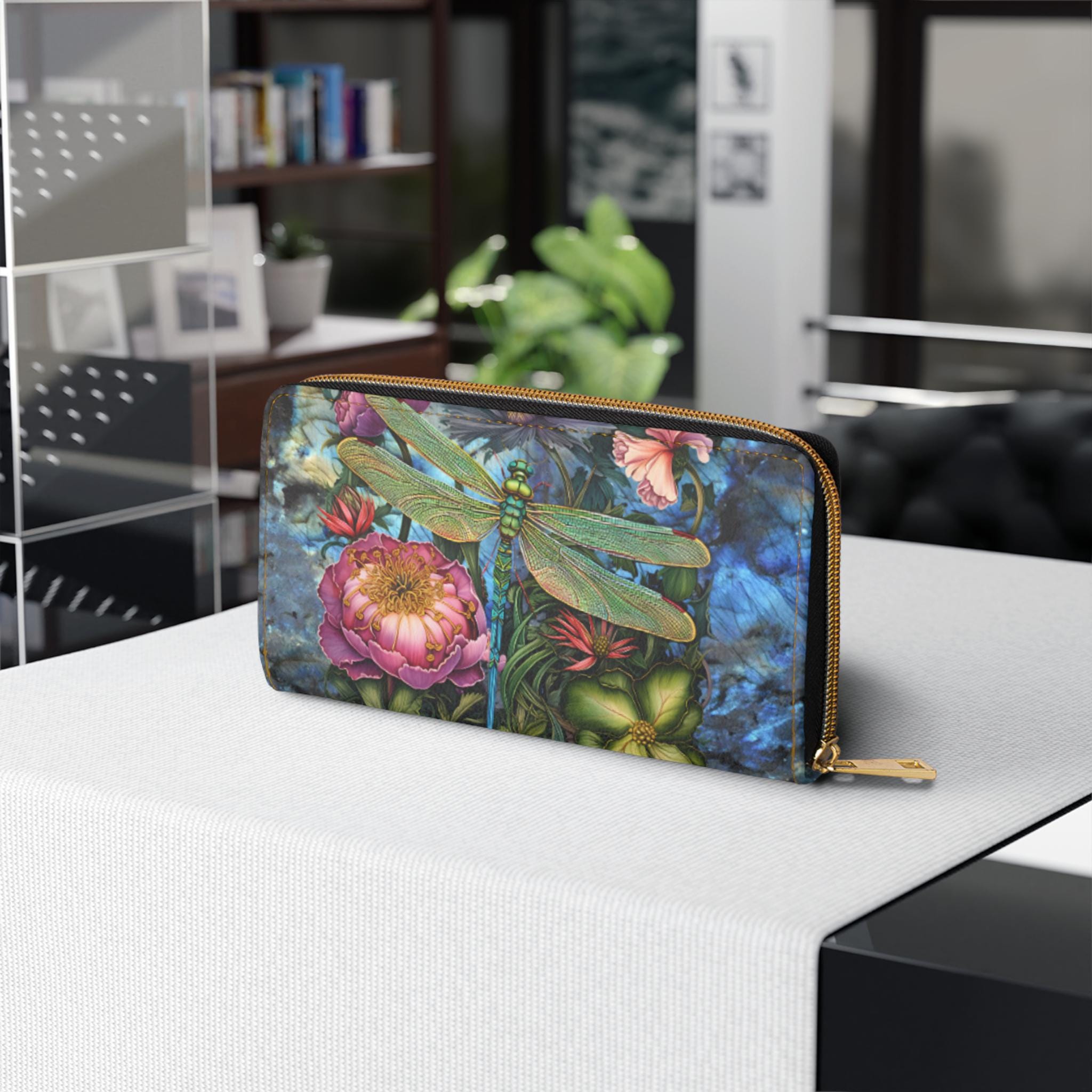 Dragonfly Print Zipper Wallet Clutch | Floral PU Leather Organizer