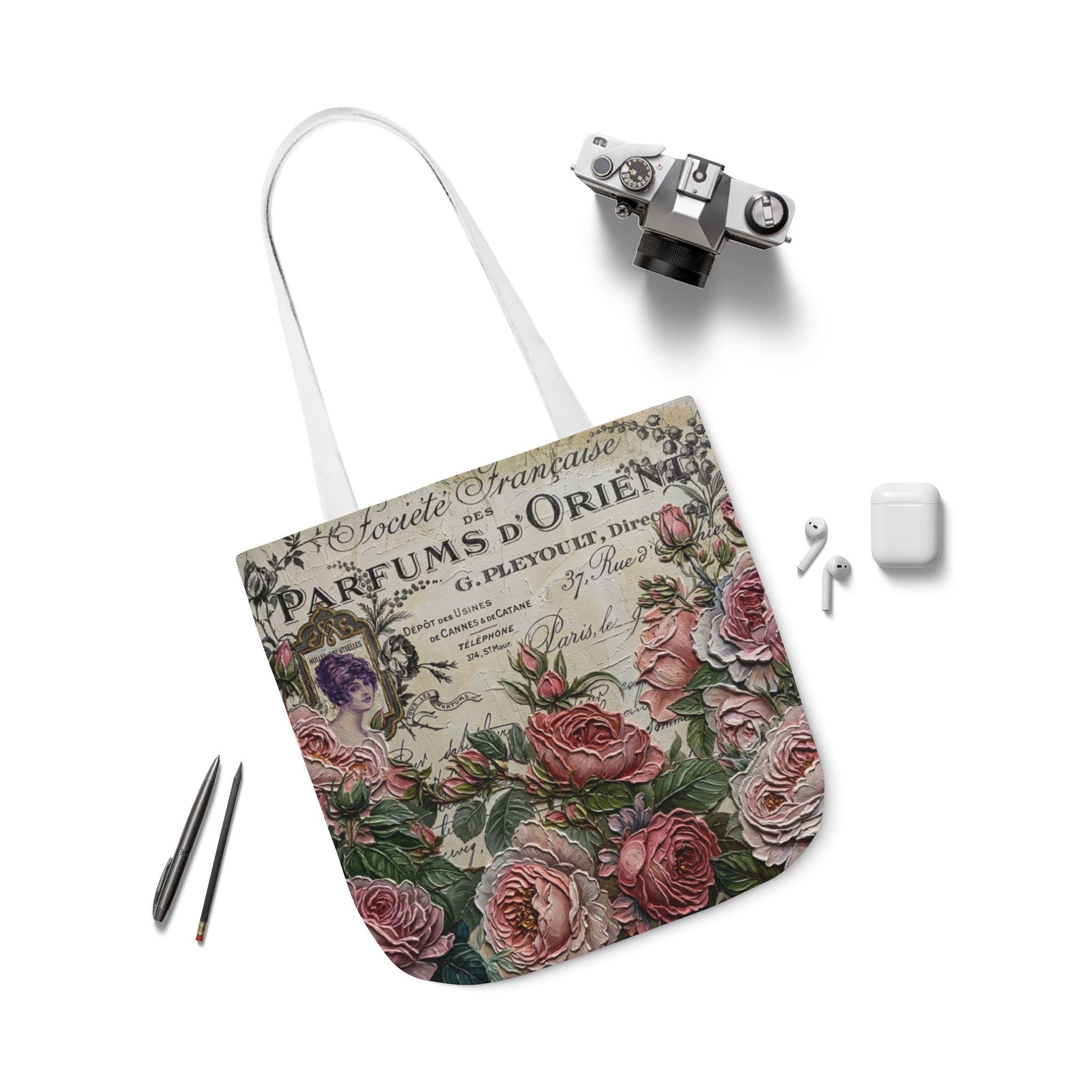 Vintage Floral Perfume Label Tote Bag, Polyester Canvas Shopper