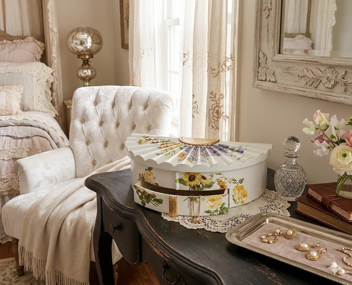 Fan Shaped Jewelry Box | Hand Painted Floral Vanity Organizer with Mirror