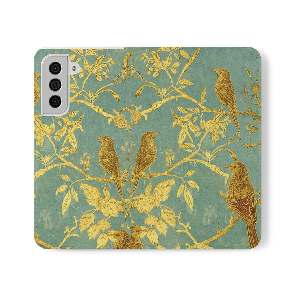 Floral Birds Faux Leather Phone Wallet Case Elegant Bookish Flip Case with Card Slots