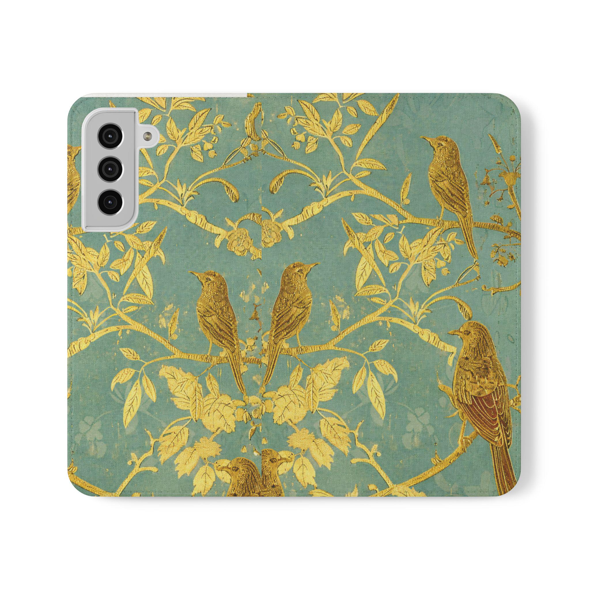 Floral Birds Faux Leather Phone Wallet Case Elegant Bookish Flip Case with Card Slots