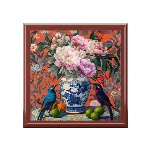 Chinoiserie Garden Jewelry Box, Pink Coral Blue Trinket Case