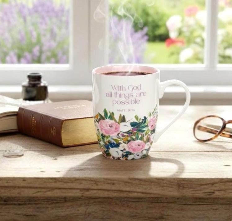 Floral Scripture Coffee Mug – Matthew 19:26 Bible Verse Ceramic Cup