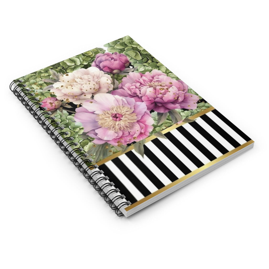 Pink Peonies Floral Spiral Notebook | Striped Gold Accent