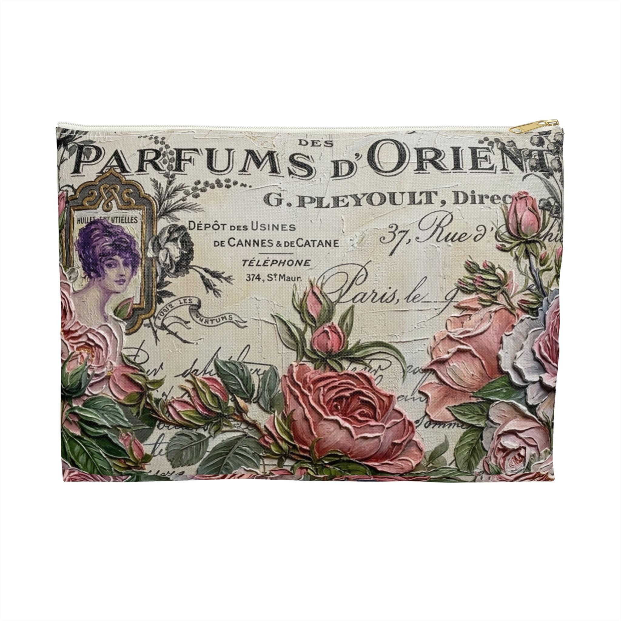 Vintage Roses Perfume Label Accessory Pouch | Floral Cosmetic Bag