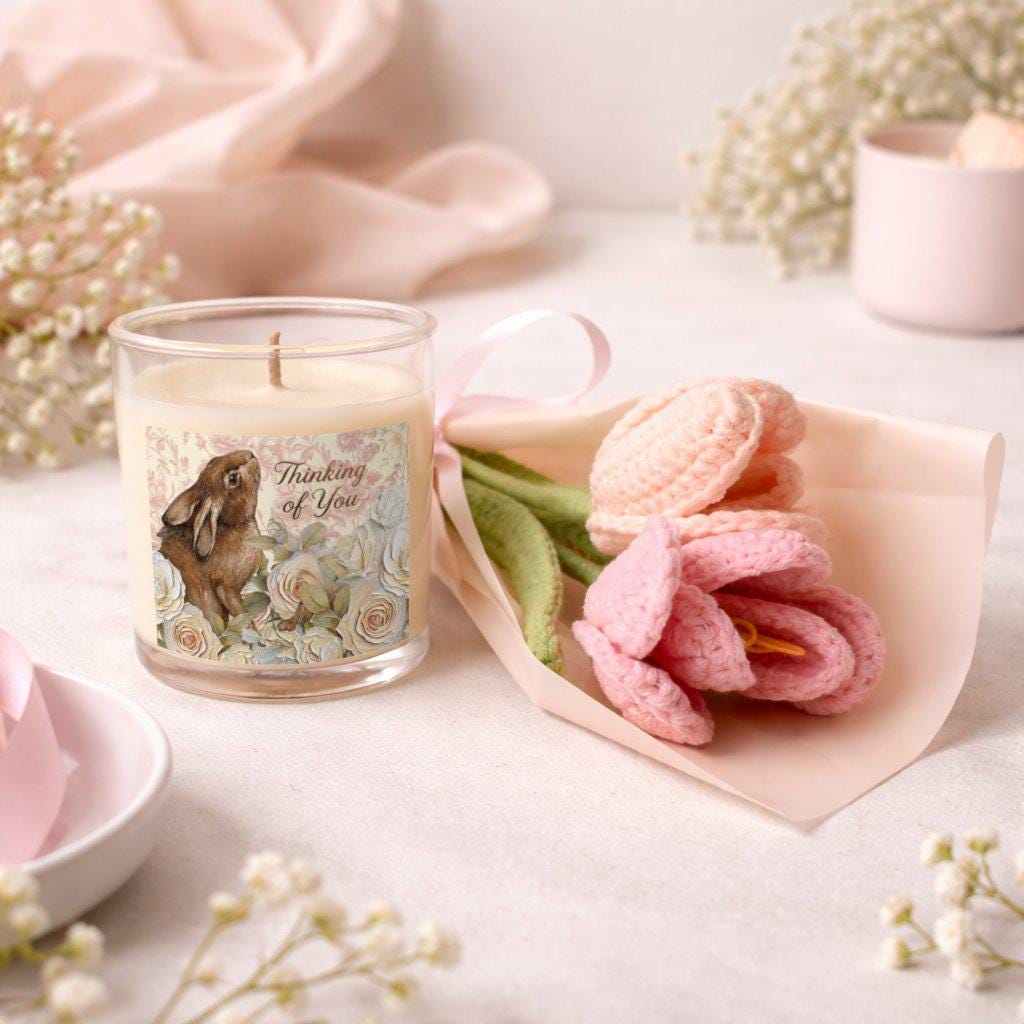 Thinking of You Candle and Crochet Flower Bouquet Gift Set