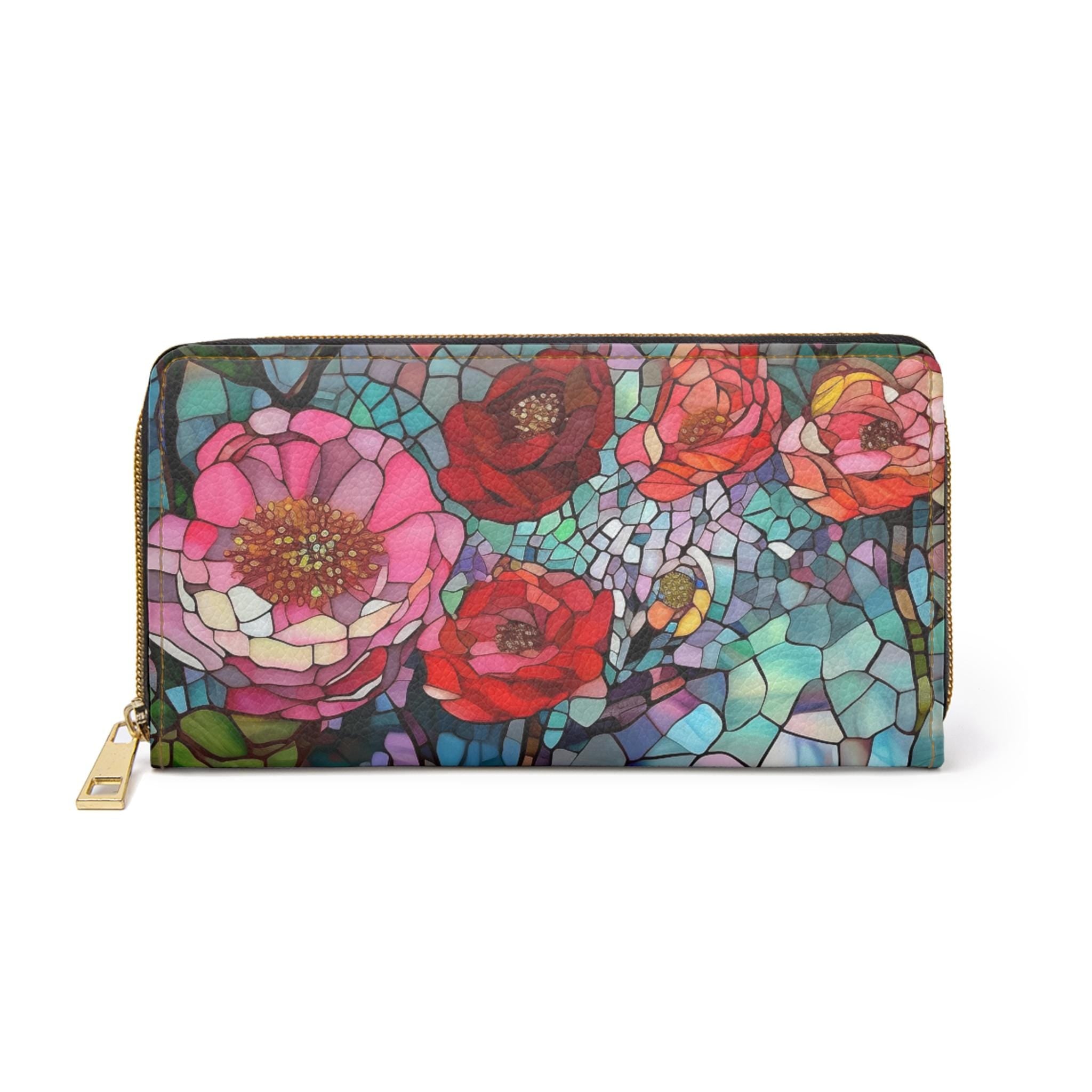 Mosaic Floral Wallet • Vegan Leather Zipper Clutch