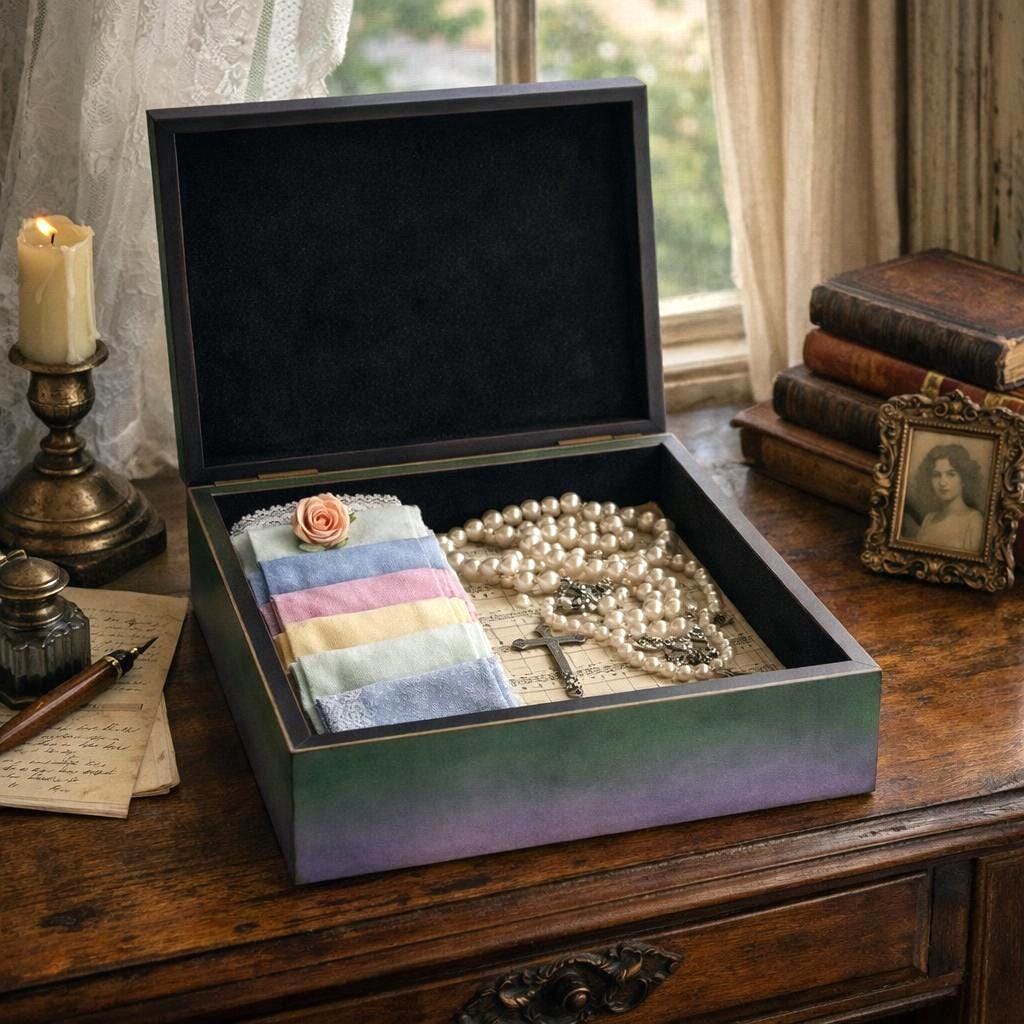 The Vintage Violette Label Keepsake Box,Jewelry chest, For Rosaries, Hankies, letters. Storage gift Box