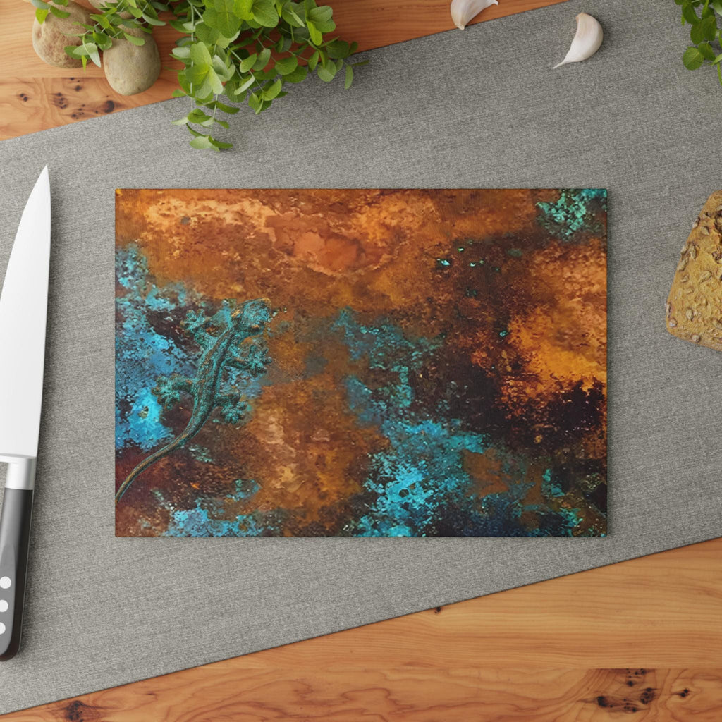 Glass Cutting Board: Copper Camouflage Salamander, Verdigris Patina Kitchen Decor