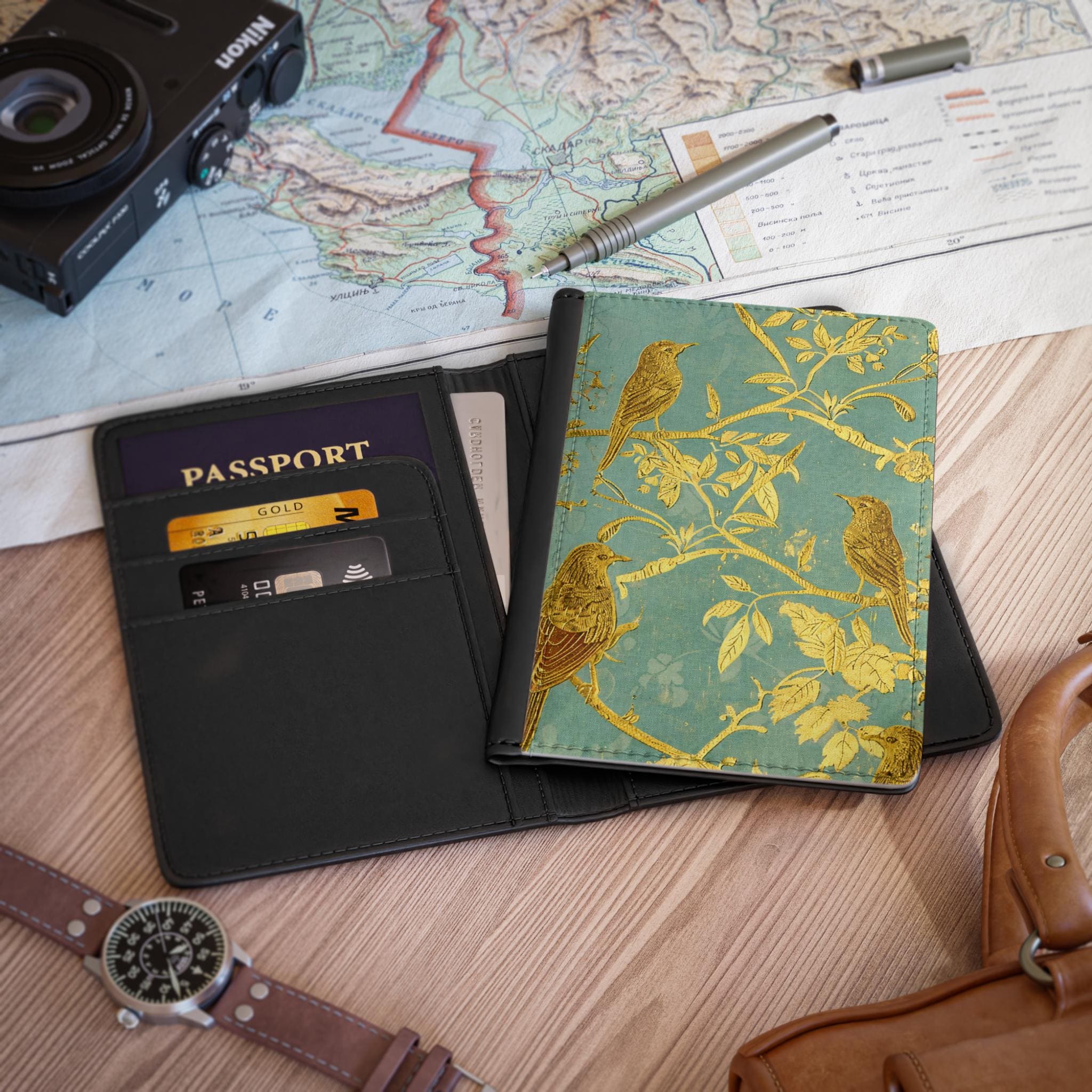 RFID Blocking Travel Wallet | Vintage Birds Celadon Passport Cover | Folding Passport Wallet for Secure Travel