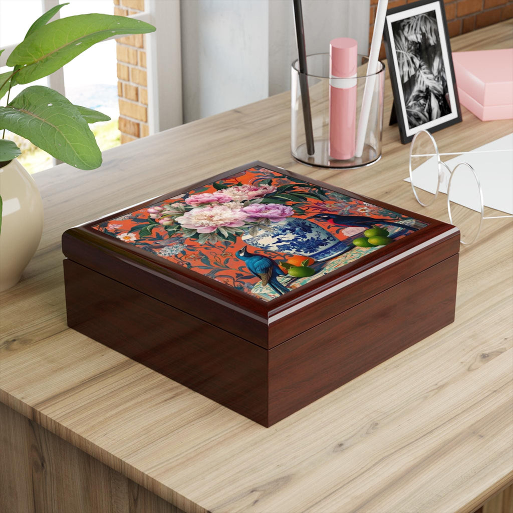 Chinoiserie Garden Jewelry Box, Pink Coral Blue Trinket Case