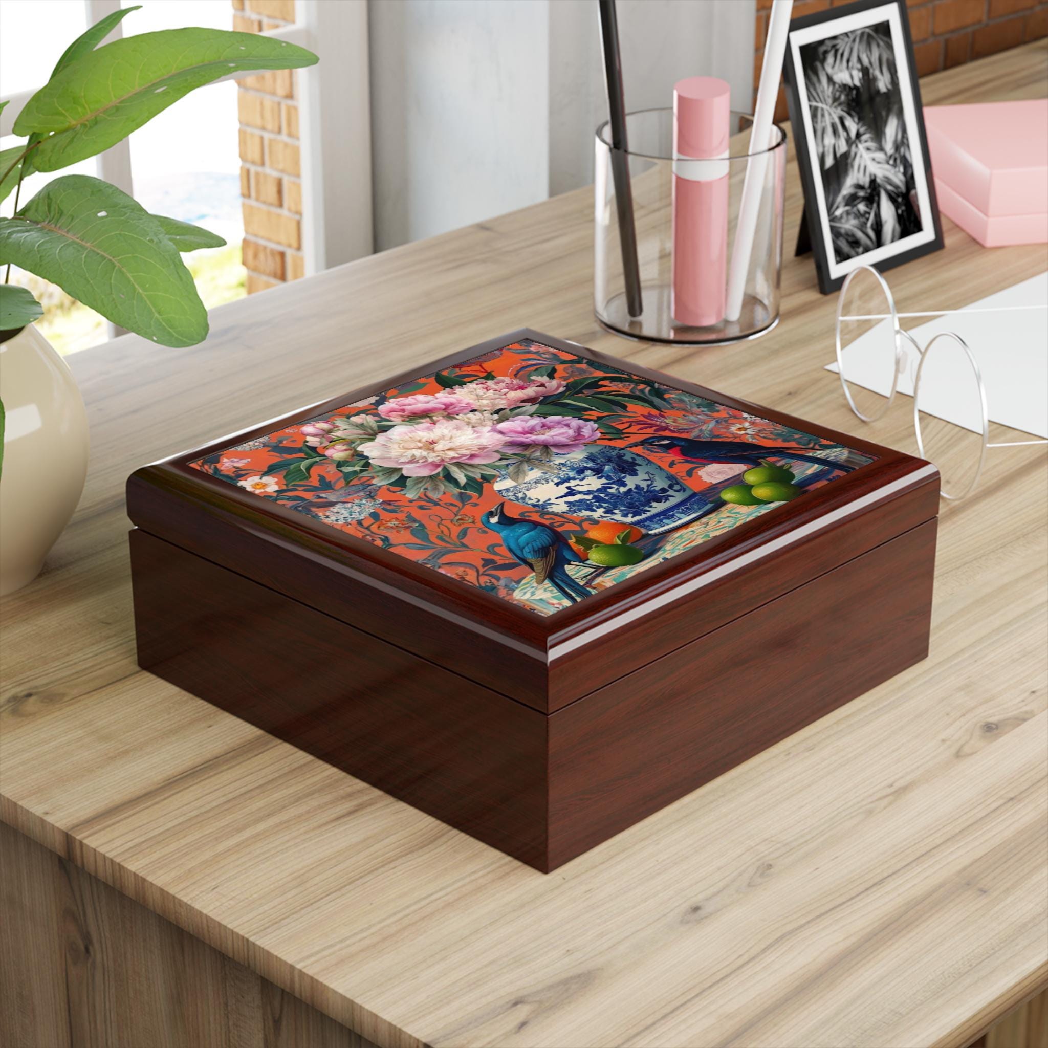 Chinoiserie Garden Jewelry Box, Pink Coral Blue Trinket Case