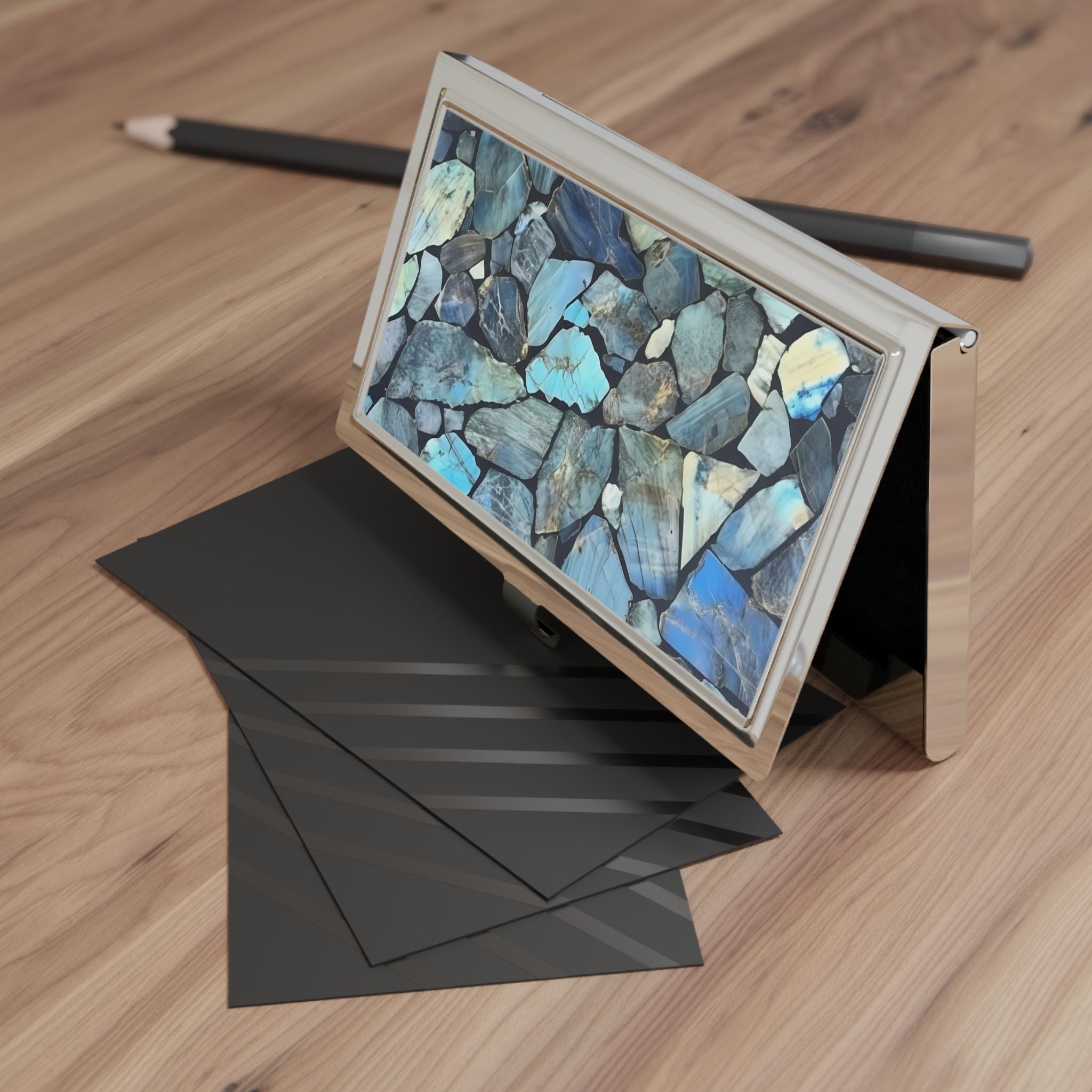 Labradorite Shards Business Card Holder | 3D Iridescent Stone Image Desk Accessory