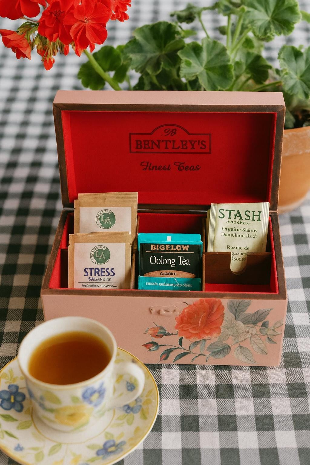 Refurbished Velvet Lined Tea Caddy, Pink Floral Wood Box