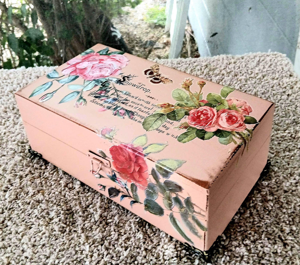 Refurbished Velvet Lined Tea Caddy, Pink Floral Wood Box