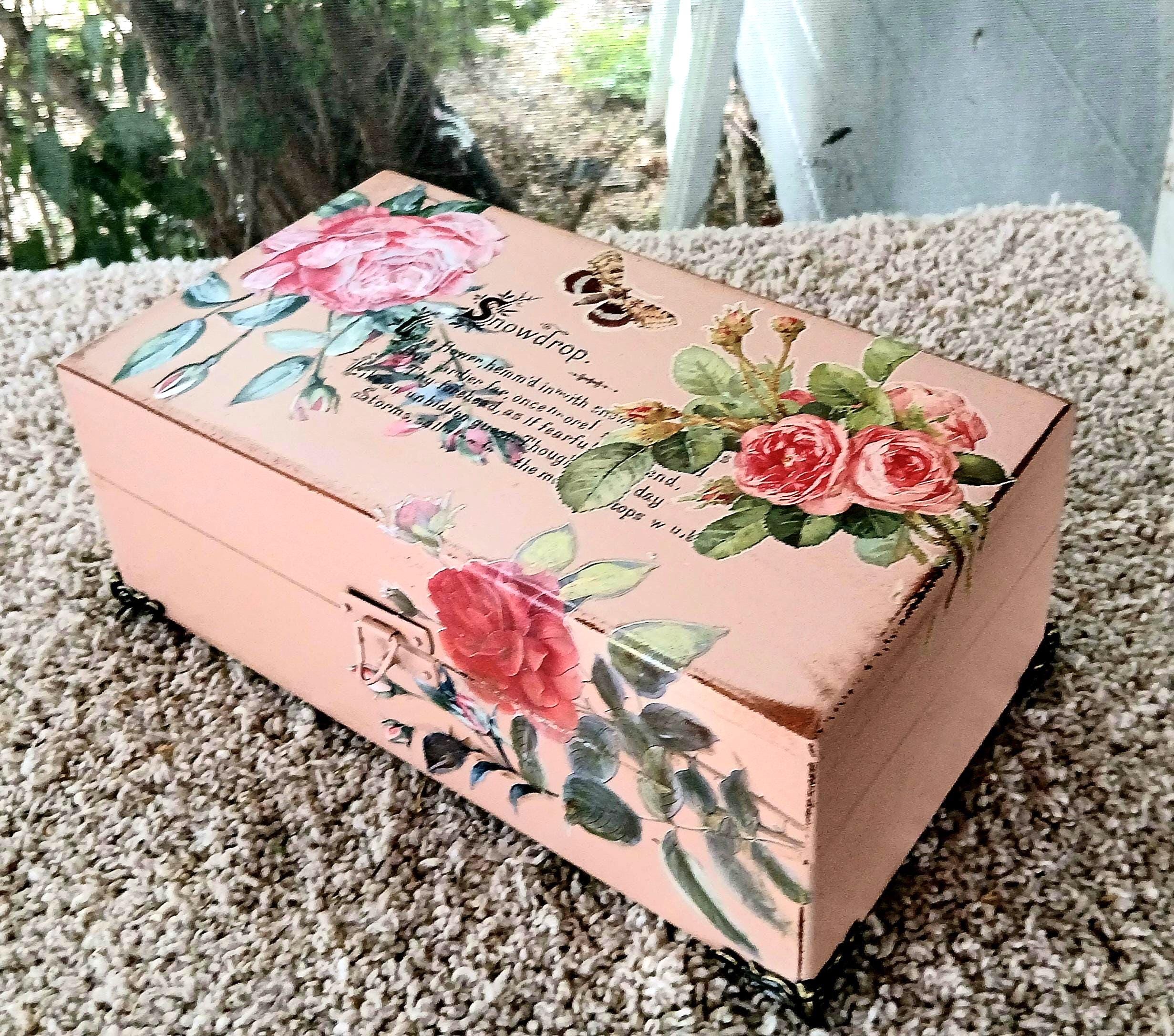 Refurbished Velvet Lined Tea Caddy, Pink Floral Wood Box