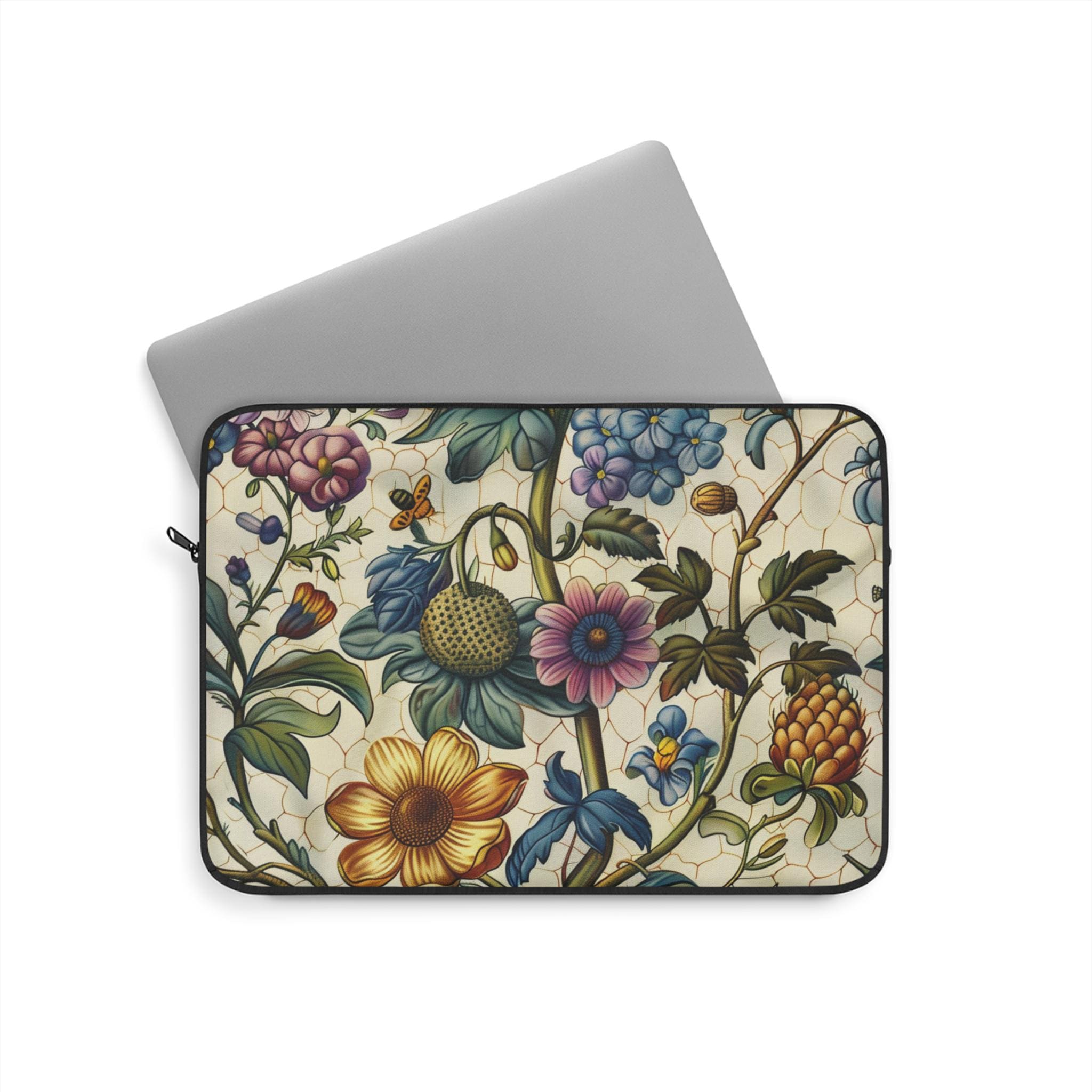 Vintage William Morris Floral Laptop Sleeve | Cream Botanical Zip Sleeve Fleece Interior