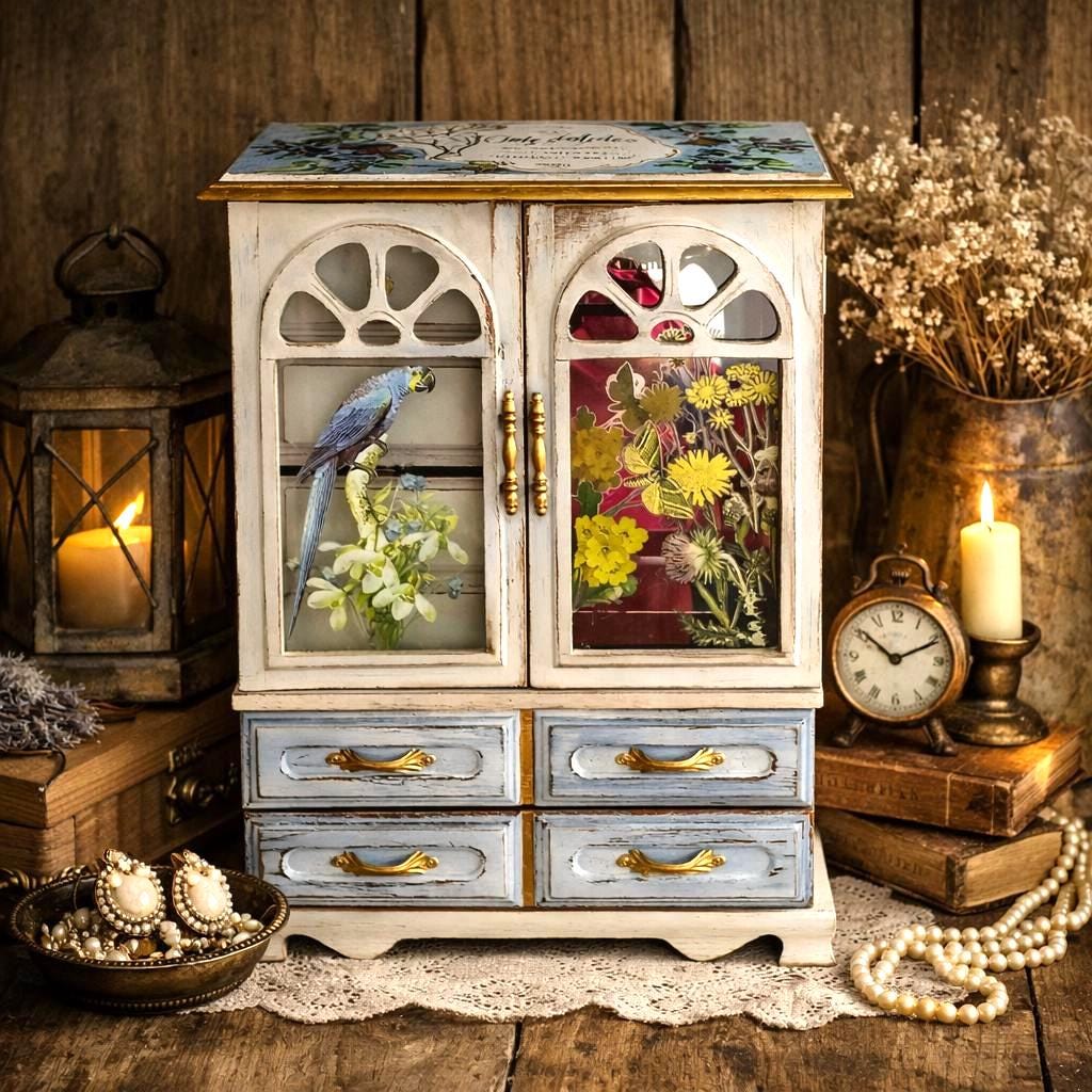 Floral Jewelry Box • Large Cottagecore Keepsake Box • Feminine Vanity Decor • Shabby Chic Gift for Her • Hand Embellish Jewelry Organizer