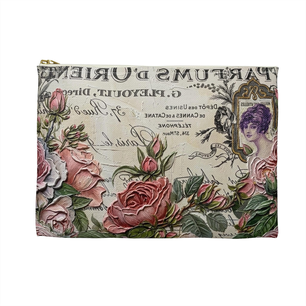 Vintage Roses Perfume Label Accessory Pouch | Floral Cosmetic Bag