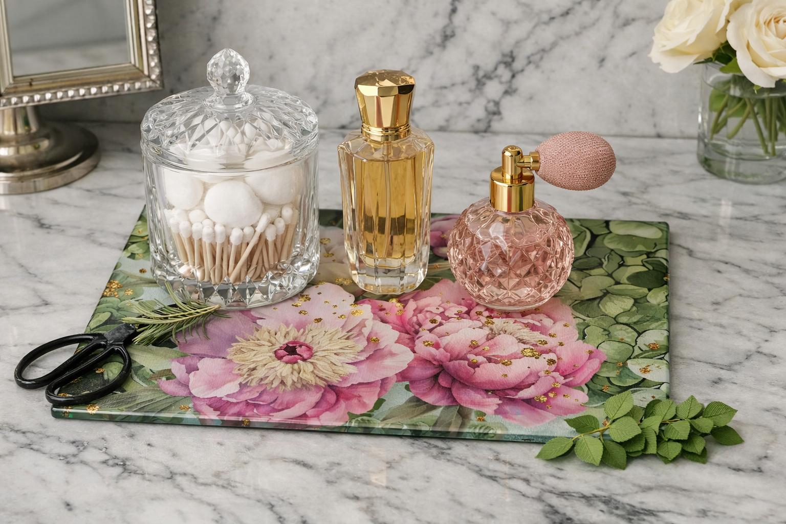 Vintage Floral Glass Cutting Board | Botanical Kitchen Decor | Perfume Vanity Tray