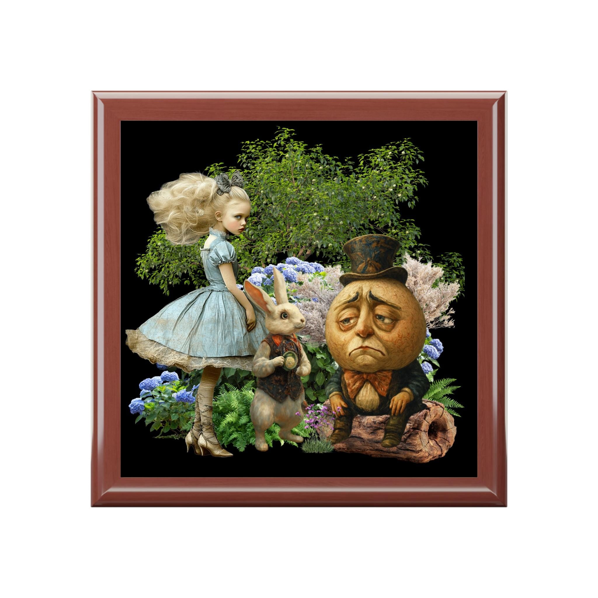 Alice and Humpty Tile Top Jewelry Box Whimsical Storybook Illustration