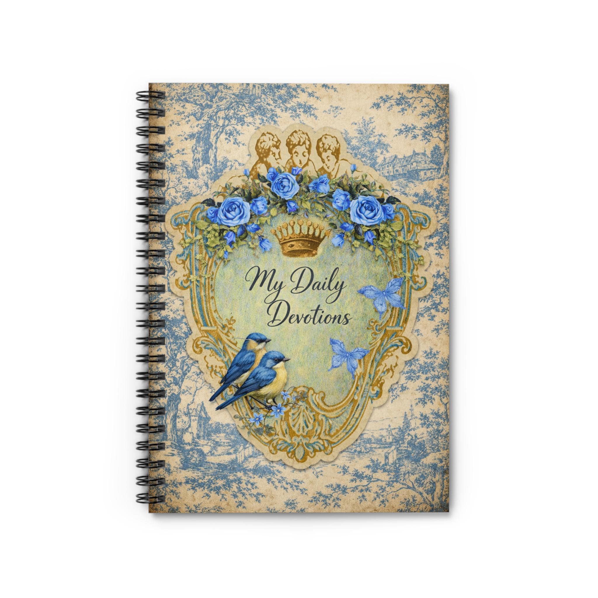 My Daily Devotions Blue Toile Spiral Notebook | Blue Birds Floral Crown Journal