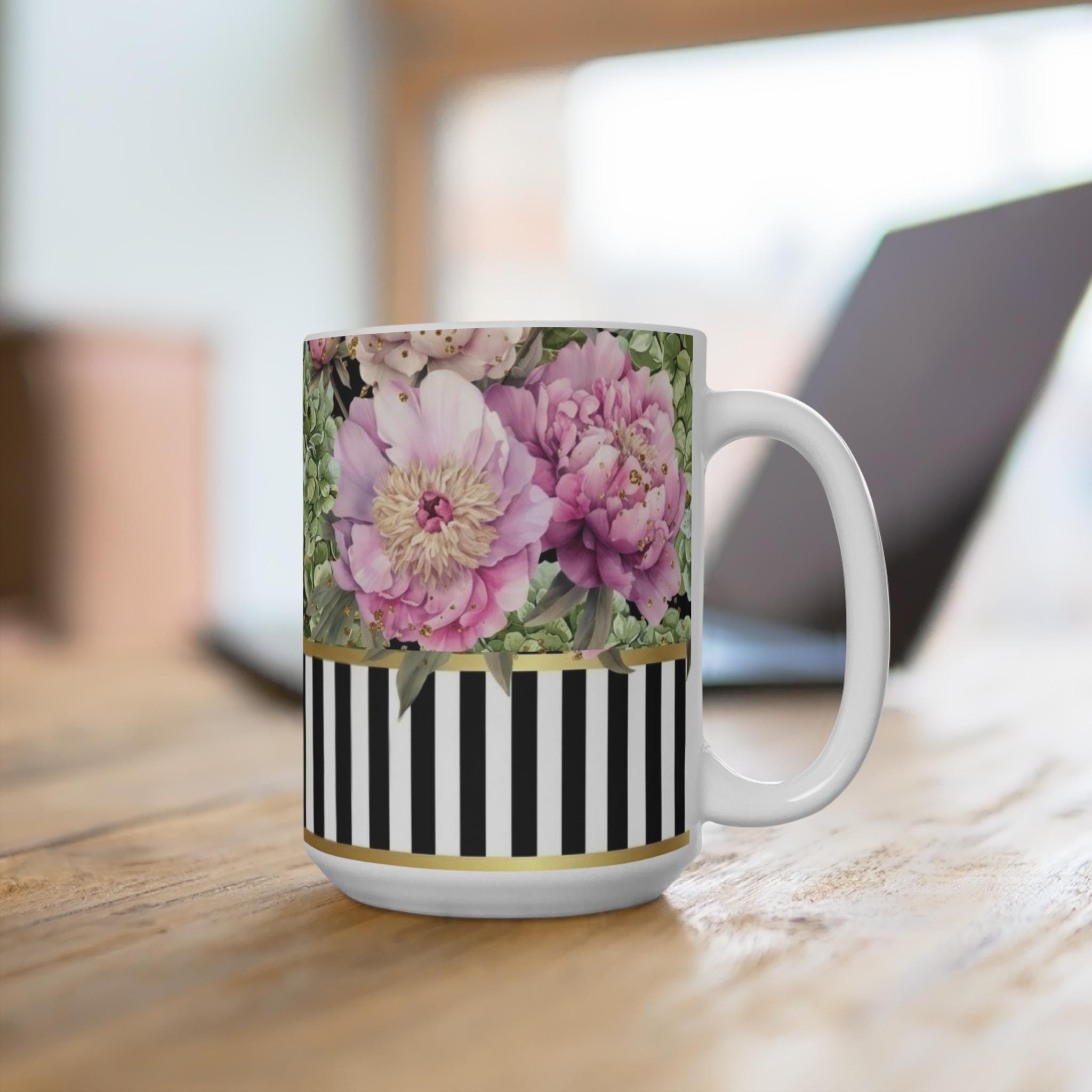 Pink Peonies with Hydrangea 15 oz Mug | Black White Stripe Accent | Victorian Botanical CUP