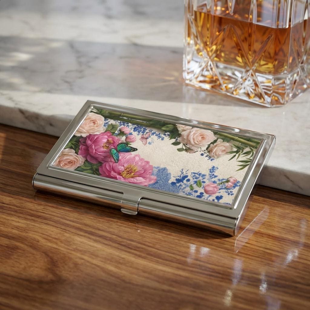 Pink Peonies and Butterfly Business Card Holder | Floral Metal Case
